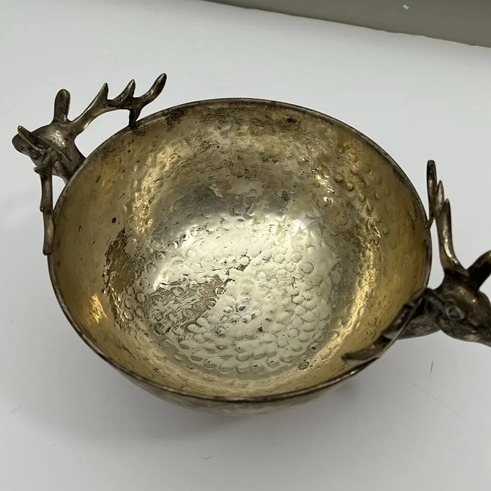 Vintage Silver Plate‎ Hammered Bowl with Stag Handles SKU 1492